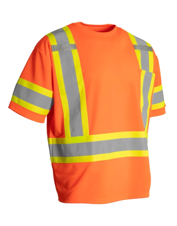 Hi-Vis Crew Neck Short Sleeve Safety Tee Shirt with Chest Pocket and Arm Bands