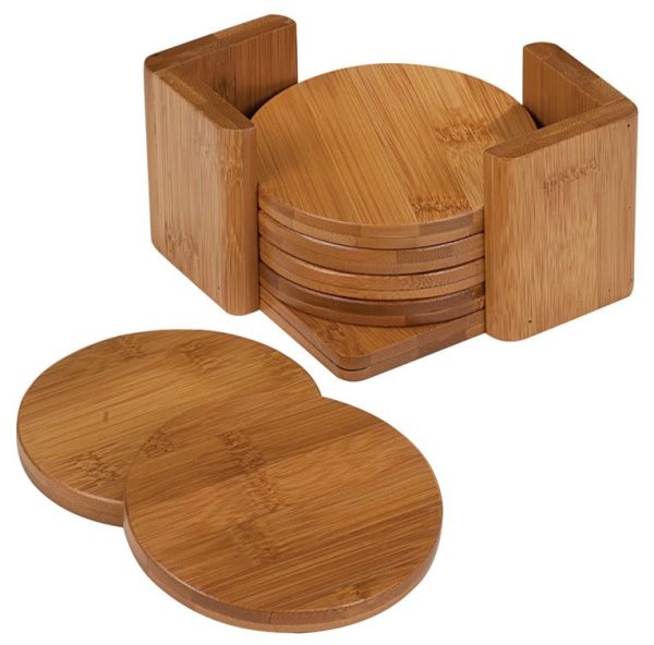 3 3/4" Bamboo Round 6-Coaster Set with Holder - CST12