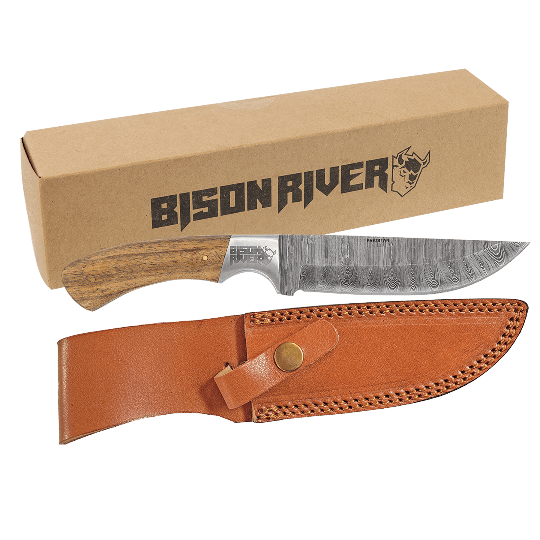 9 1/2″ Fixed Blade Wood Knife with Damascus Steel Blade and Leather Sheath – BR1753