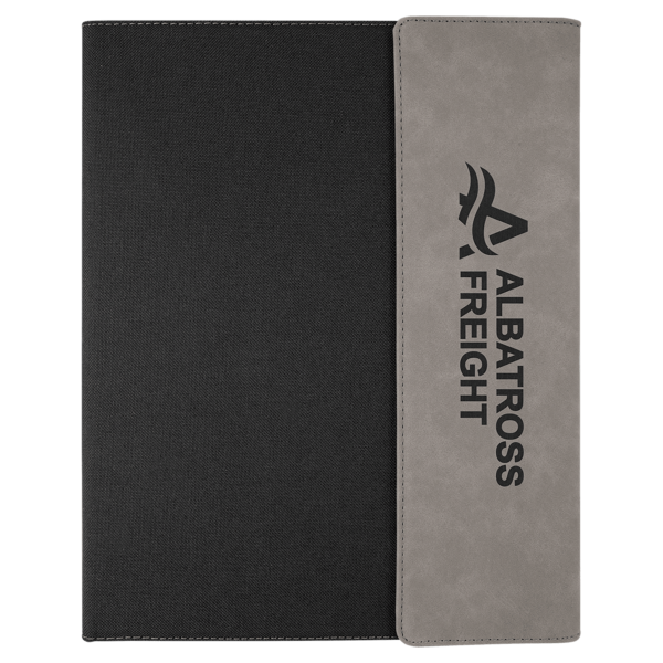 9 1/2" x 12" Gray Laserable Leatherette / Black Canvas Portfolio w / Notepad - GFT1215