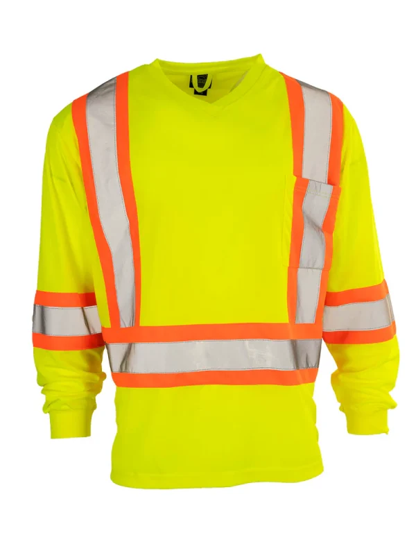 Hi Vis V-Neck Long Sleeve Safety Tee with Chest Pocket - 022-BEPCS - Image 5