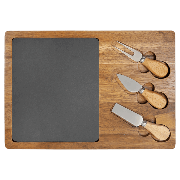 13 3/4" x 9 3/4" Acacia Wood/Slate Rectangle Cheese Set with Three Tools - SLT087 - Image 2