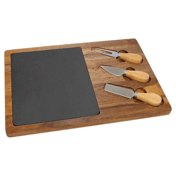 13 3/4" x 9 3/4" Acacia Wood/Slate Rectangle Cheese Set with Three Tools - SLT087 - Image 3