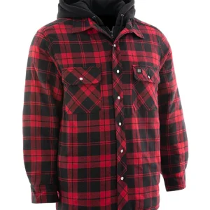Red Hooded Plaid Sherpa-lined Flannel Shirt Jacket - 024-LC696QHSH