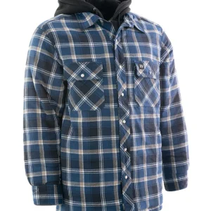 Blue Hooded Sherpa-Lined Flannel Shirt Jacket - 024-LC696QHSH-BU