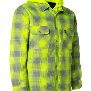 Hi Vis Grey Shadow Plaid Hooded Quilt-Lined Flannel Shirt Jacket - 024-LC696QH-SPGY