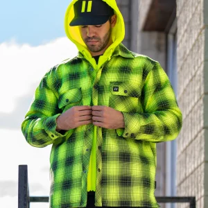 Hi Vis Black Shadow Plaid Hooded Quilt-Lined Flannel Shirt Jacket - 024-LC696QH-SPBK