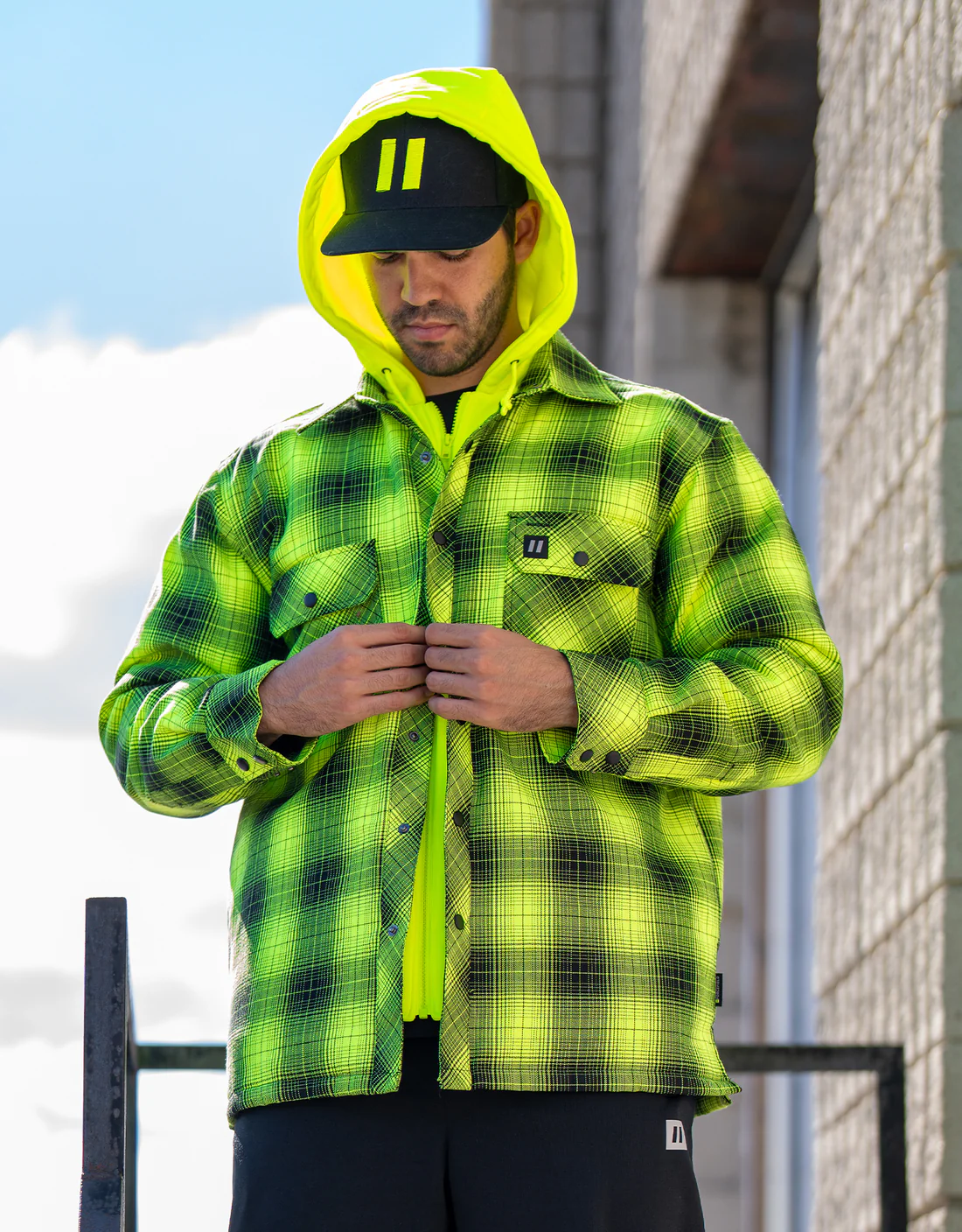 Hi Vis Black Shadow Plaid Hooded Quilt-Lined Flannel Shirt Jacket – 024-LC696QH-SPBK