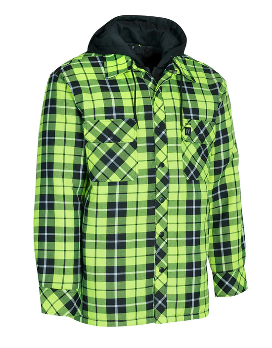 Hi Vis Hooded Tartan Plaid Quilt-Lined Flannel Shirt Jacket – 024-LC696QH-HYP