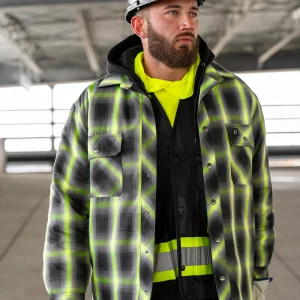 Lime Ombre Plaid Hooded Quilt-lined Shirt Jacket - 024-LC696QH-OMBKLY