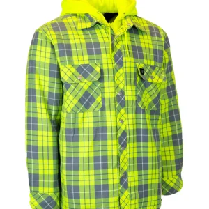 Hi Vis Plaid Hooded Quilted Flannel Shirt Jacket with Reflective Striping - 024-LC696QH-HVRS