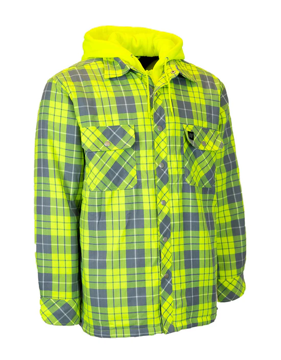 Hi Vis Plaid Hooded Quilted Flannel Shirt Jacket with Reflective Striping – 024-LC696QH-HVRS