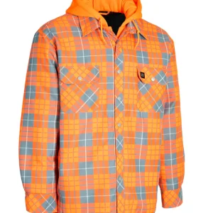 Hi Vis Orange Plaid Hooded Quilted Flannel Shirt Jacket - 024-LC696QH-HVO
