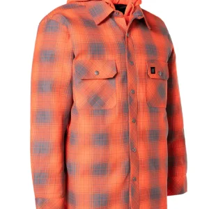 Hi Vis Orange Shadow Plaid Hooded Quilt-Lined Flannel Shirt Jacket - 024-LC696QH-SPORGY