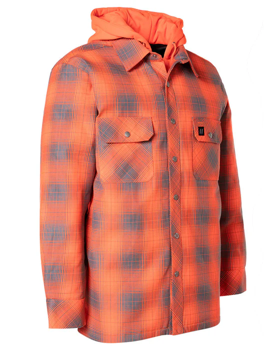 Hi Vis Orange Shadow Plaid Hooded Quilt-Lined Flannel Shirt Jacket – 024-LC696QH-SPORGY