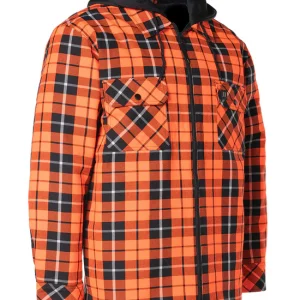 Hi Vis Orange Tartan Plaid Hooded Quilt-Lined Flannel Shirt Jacket with Front Zip - 024-LC696QH-HOP