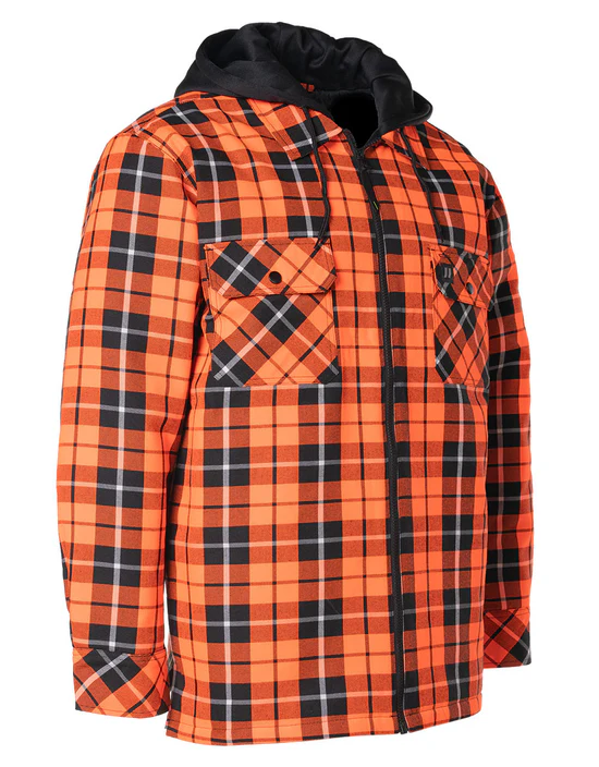 Hi Vis Orange Tartan Plaid Hooded Quilt-Lined Flannel Shirt Jacket with Front Zip – 024-LC696QH-HOP