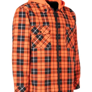 Hi Vis Orange Tartan Plaid Hooded Sherpa-Lined Flannel Shirt Jacket with Front Zip - 024-LC696QHSH-HOP