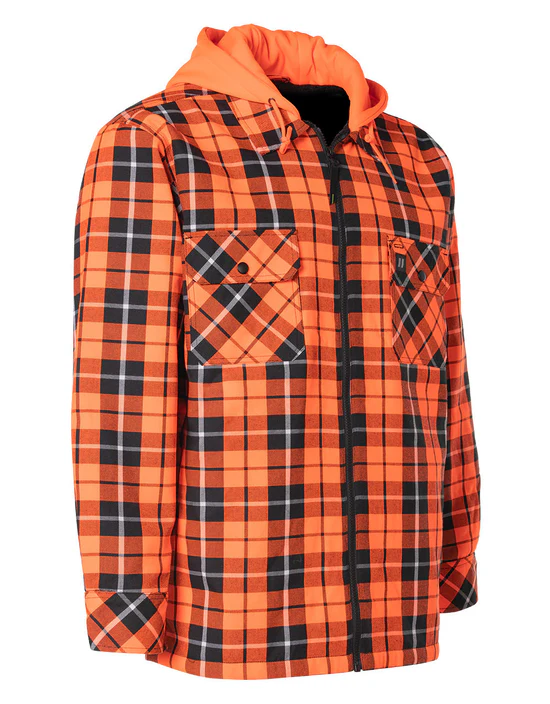 Hi Vis Orange Tartan Plaid Hooded Sherpa-Lined Flannel Shirt Jacket with Front Zip – 024-LC696QHSH-HOP