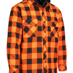 Hi Vis Orange/Black Buffalo Plaid Hooded Quilt-Lined Flannel Shirt Jacket - 024-LC696QH-BPORBK